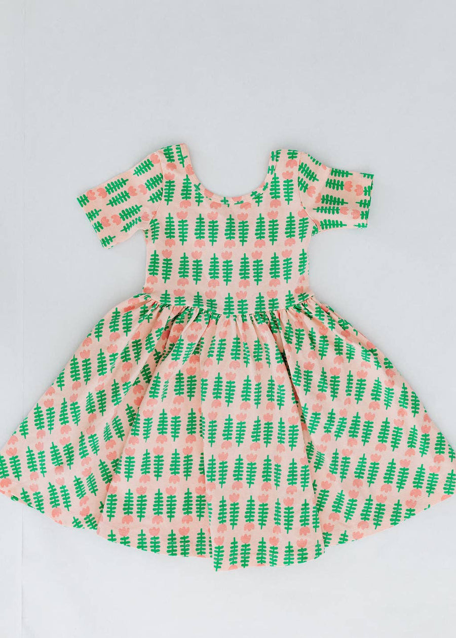 Short Sleeve Twirl Dress in Pink Tulips