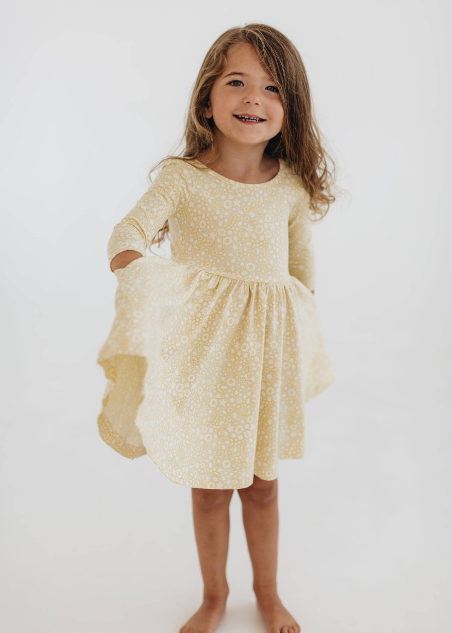 3/4 Sleeve Twirl Dress in Buttercup