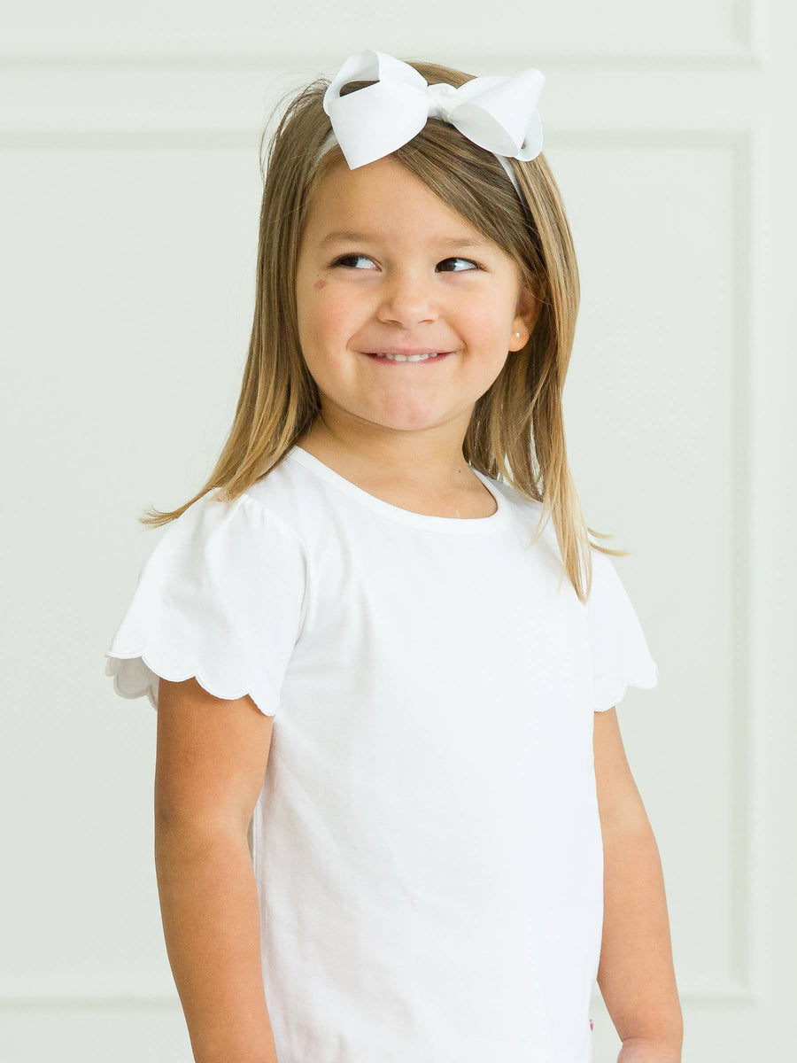 Girls White Knit Short Sleeve Scallop Tee