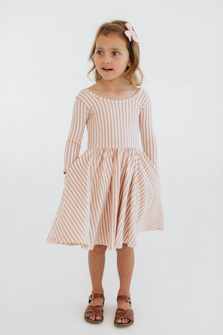 3/4 Sleeve Twirl Dress in Vintage Pink Stripes