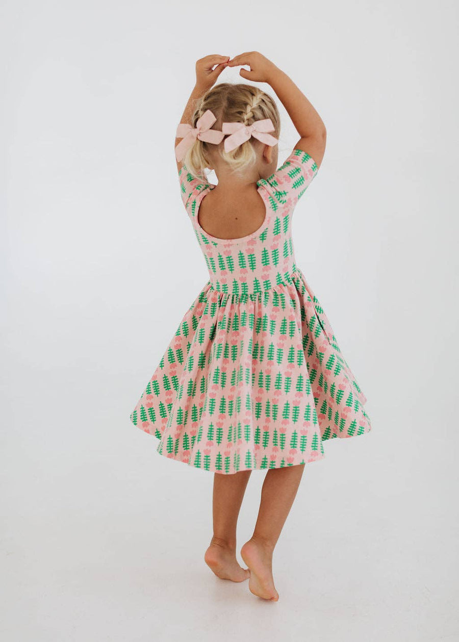 Short Sleeve Twirl Dress in Pink Tulips