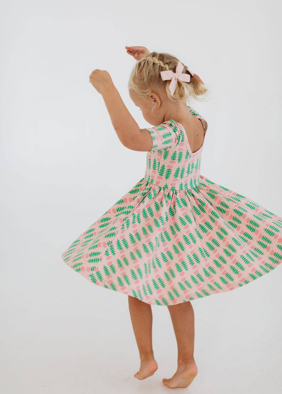 Short Sleeve Twirl Dress in Pink Tulips