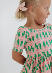 Short Sleeve Twirl Dress in Pink Tulips