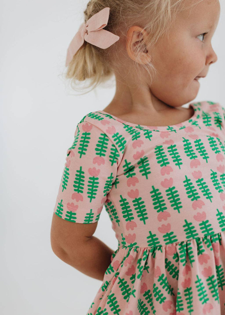Short Sleeve Twirl Dress in Pink Tulips