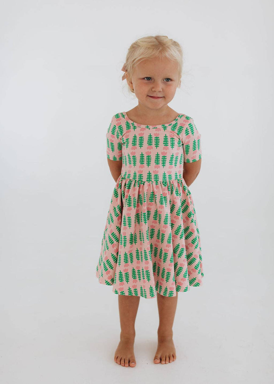 Short Sleeve Twirl Dress in Pink Tulips