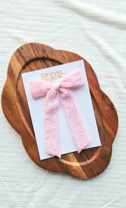 Long Tail Bow on Clip • Pink Floral Lace