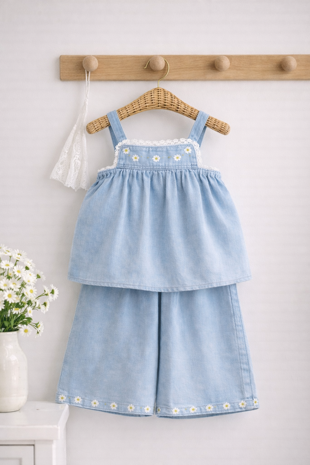 Denim Daisy Embroidered Two-Piece Set