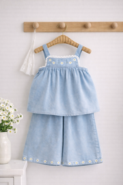 Denim Daisy Embroidered Two-Piece Set