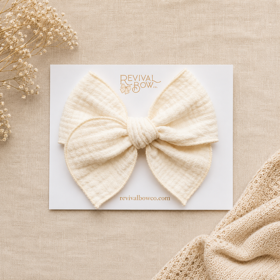 Fable Bow on Clip • Embroidered Cream Gauze