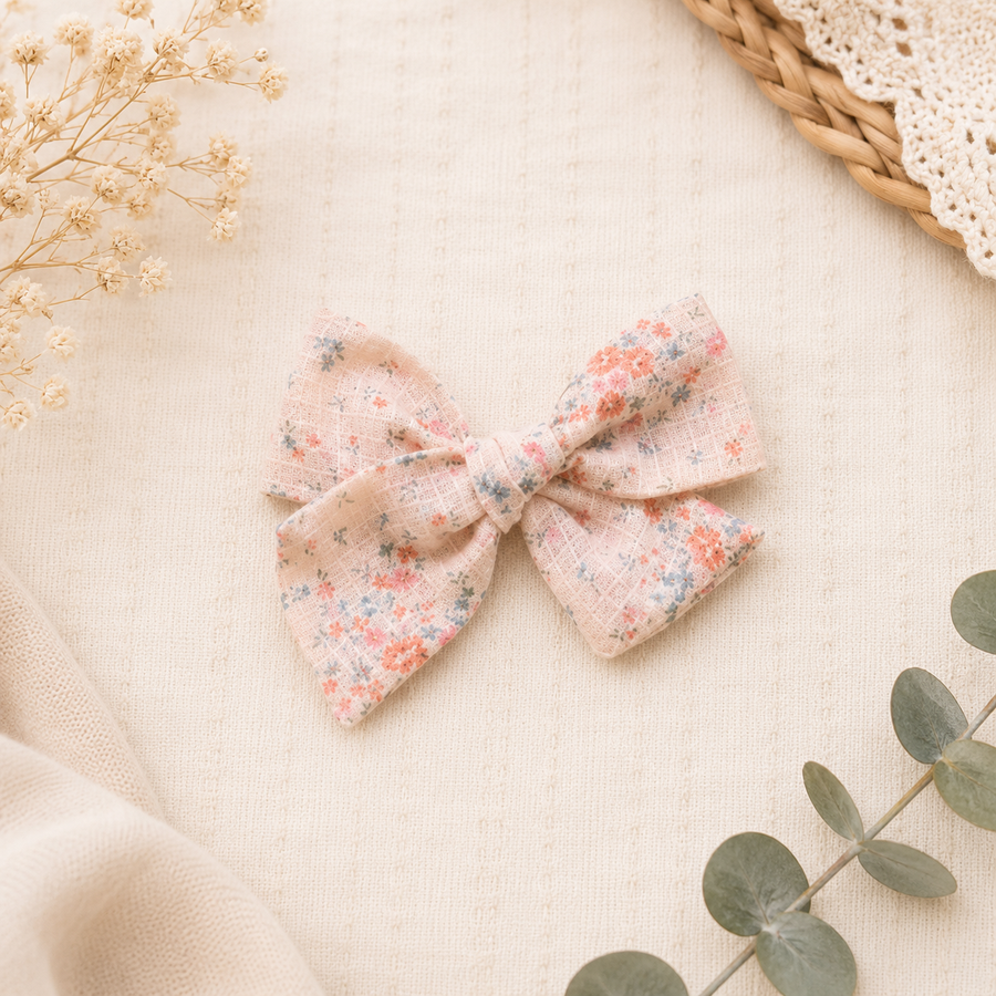 Large Pinwheel Bow on Clip • Floral Peach Grid