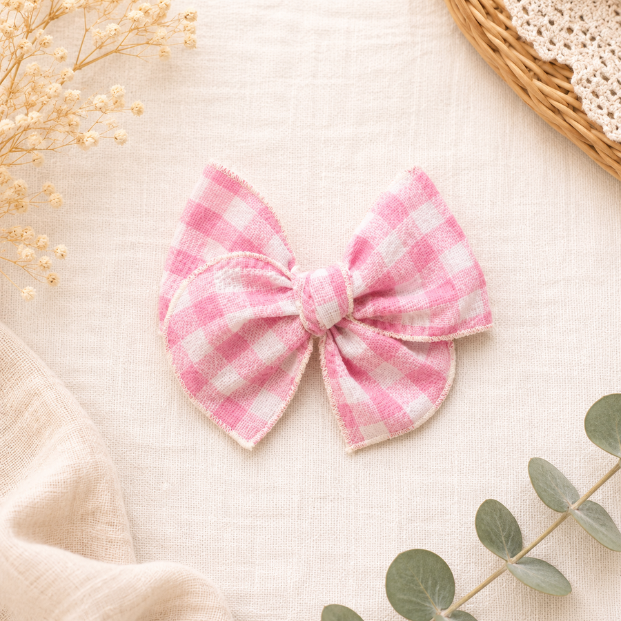 Fable Bow on Clip • Bubblegum Gingham