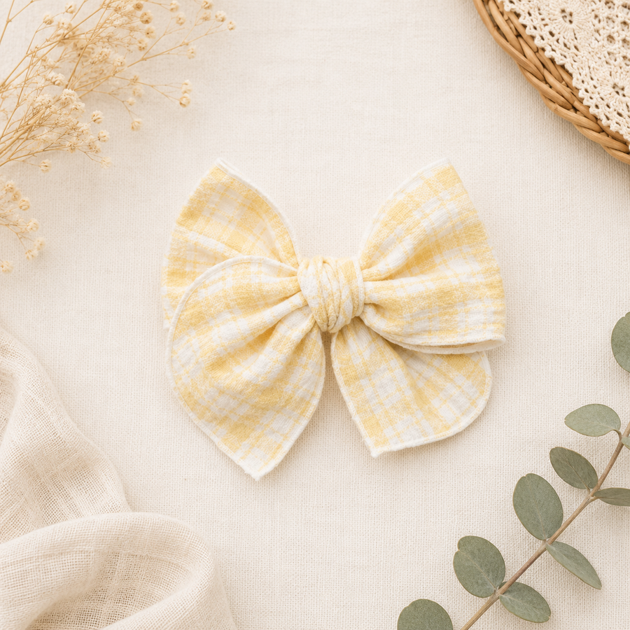 Fable Bow on Clip • Light Cream Plaid Gauze