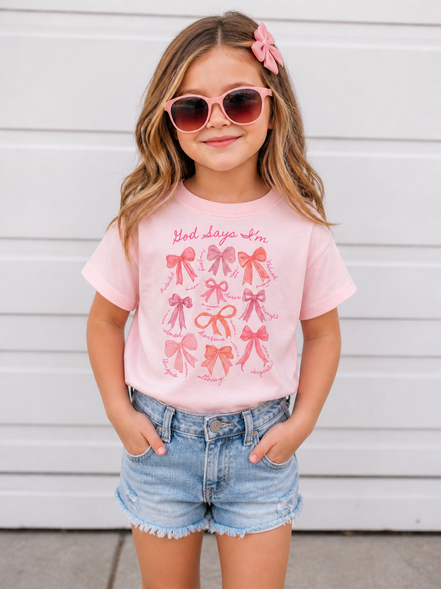 God Says I'm Coquette Bow Youth Faith Graphic Tee