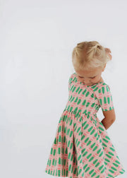 Short Sleeve Twirl Dress in Pink Tulips