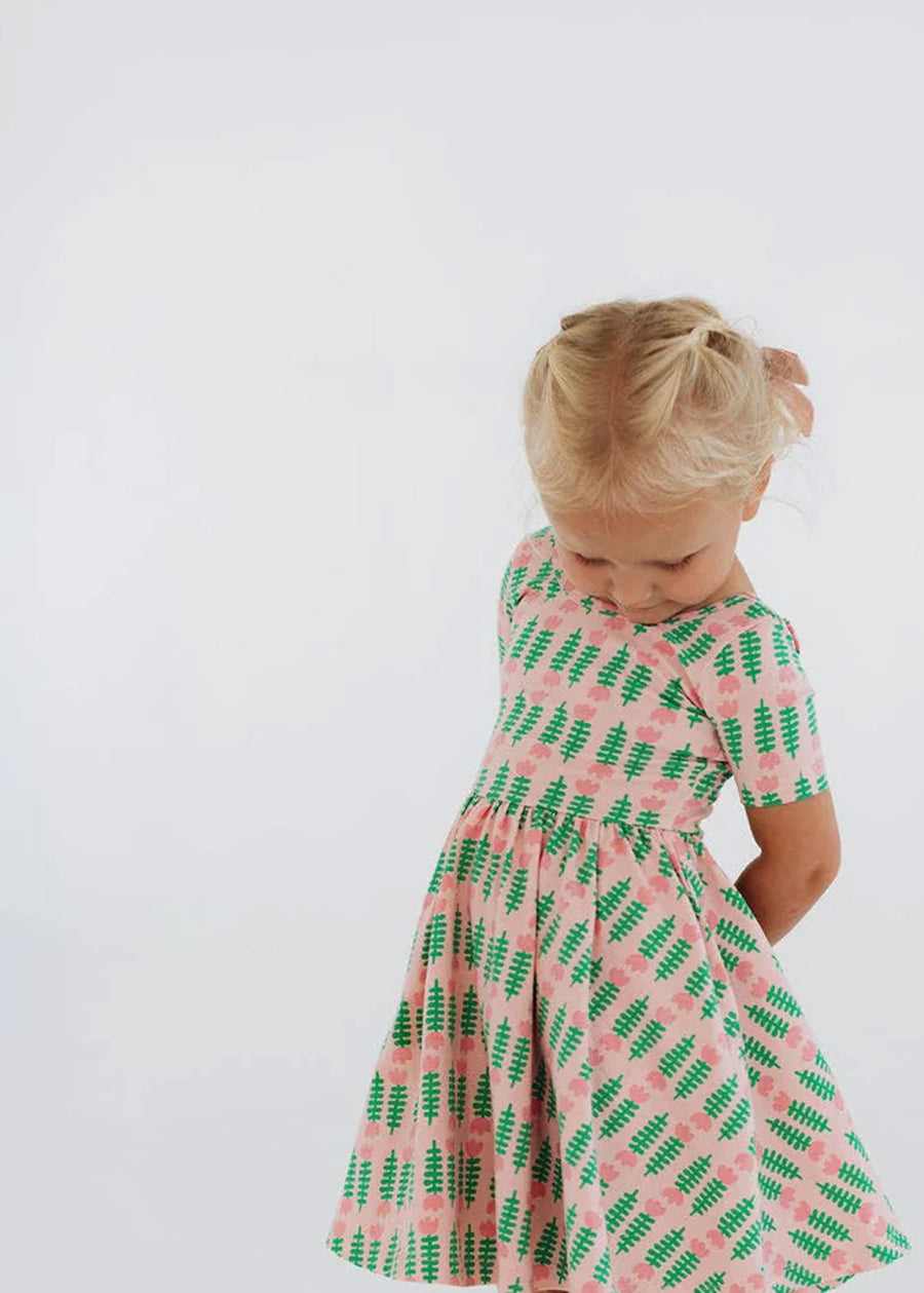 Short Sleeve Twirl Dress in Pink Tulips