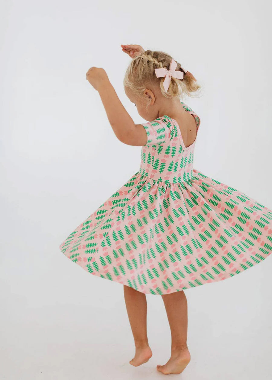 Short Sleeve Twirl Dress in Pink Tulips