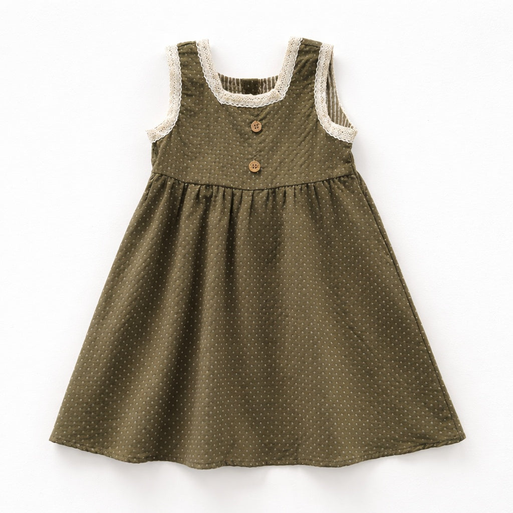 Summer Girls Lace Trim Sleeveless Geometric Dots Pattern Dress